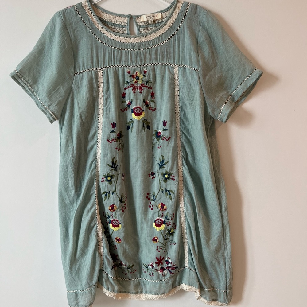 Umgee Boho Embroidered Green Shift Dress Coastal Cowboy in size XL